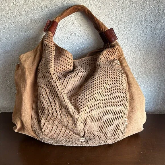 49 Square Miles Nubuck Leather Slouchy Hobo Shoulder Bag Perforated Tan Tote - Picture 5 of 14